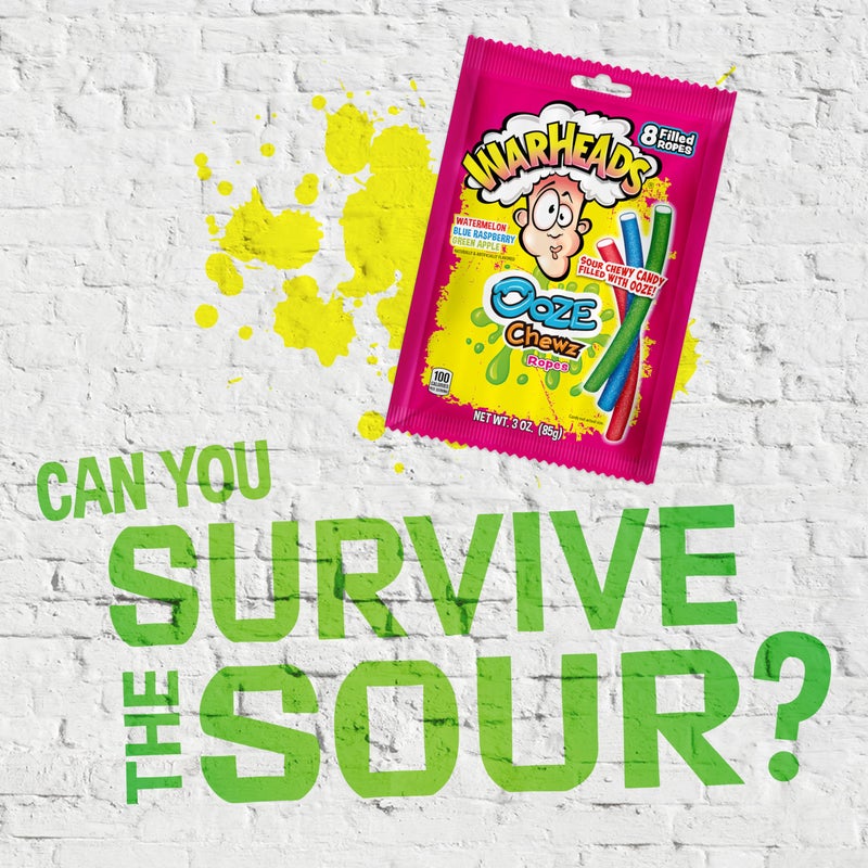 WARHEADS Ooze Chewz Ropes - Chewy Candy Ropes with Sour Filling - Watermelon, Blue Raspberry & Green Apple Flavors - 3 oz. Bag - Image 3